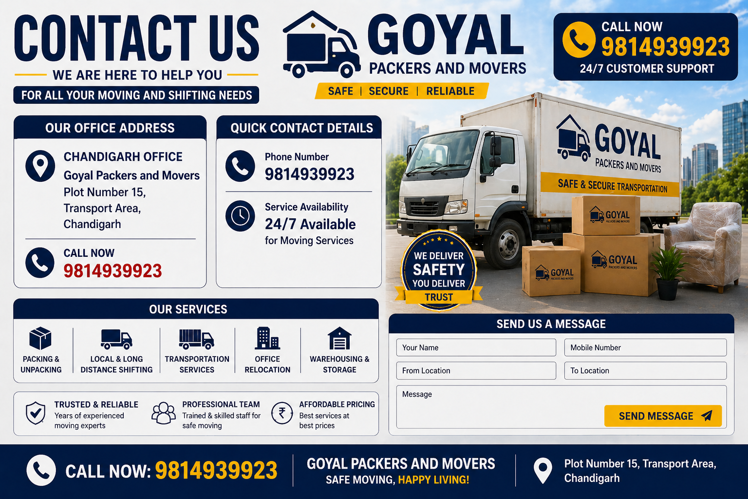 Contact Goyal Packers and Movers Chandigarh office address plot number 15 transport area call 9814939923 for moving services