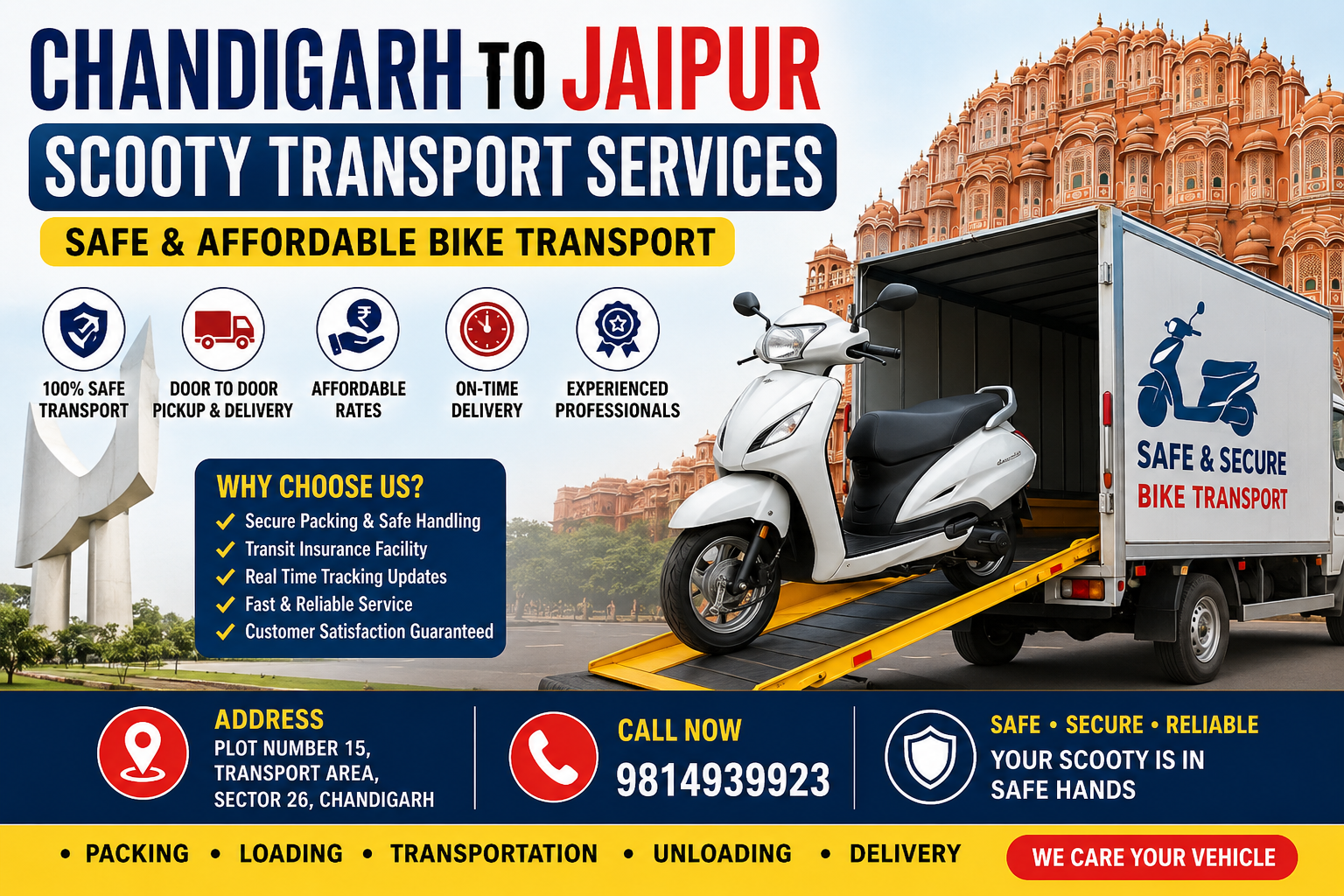 Chandigarh to Jaipur Scooty Transport Services Safe & Affordable Bike Transport