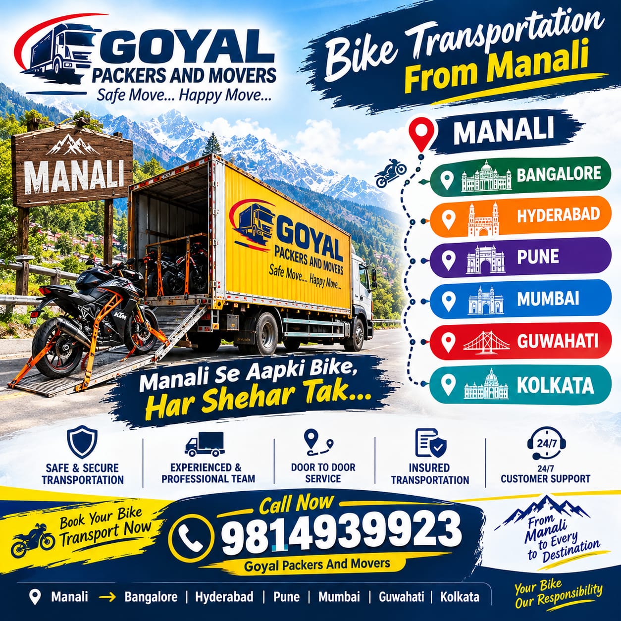 Manali to Bangalore Bike Transport